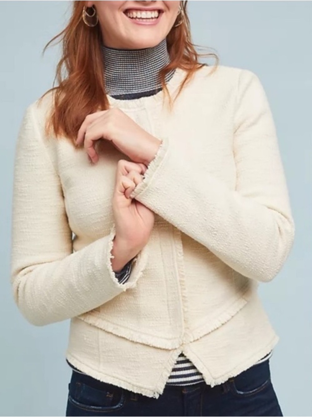 Anthropologie Ett Twa Fringe Zip Ip Peplum Jacket Cream XS